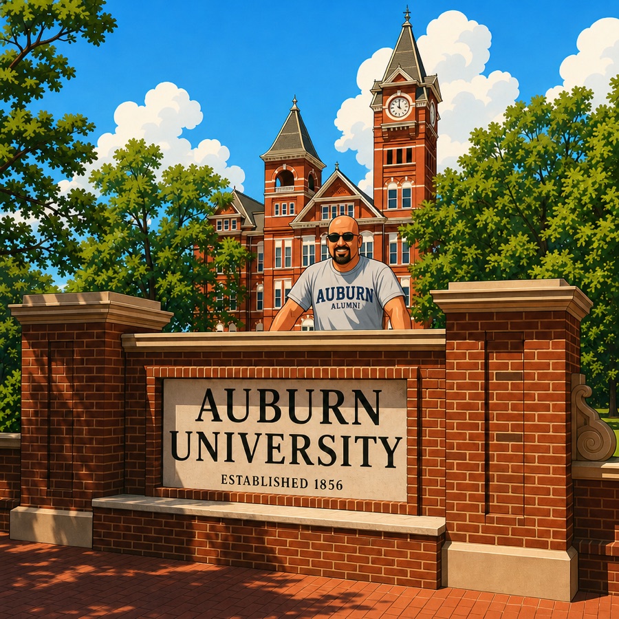 Illustration of Wade in an Auburn alumni t-shirt behind the Auburn University entrance sign, with Samford Hall's clock tower behind him.