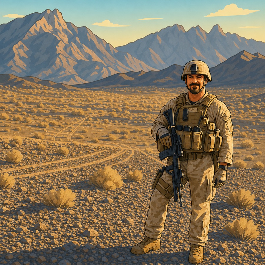 Illustration of Wade as a Marine in desert camouflage and gear, standing on open rocky ground in Afghanistan with mountains behind him.