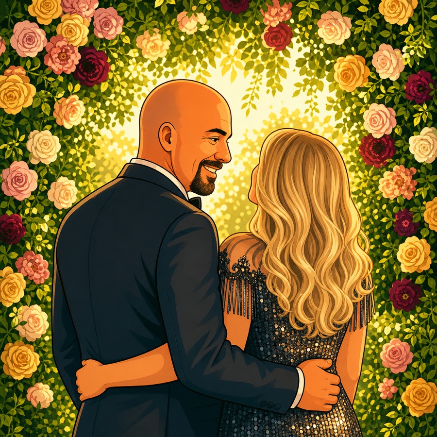 Illustration of Wade and his wife Paige seen from behind, arm in arm under an arch of roses, Wade smiling down at her.