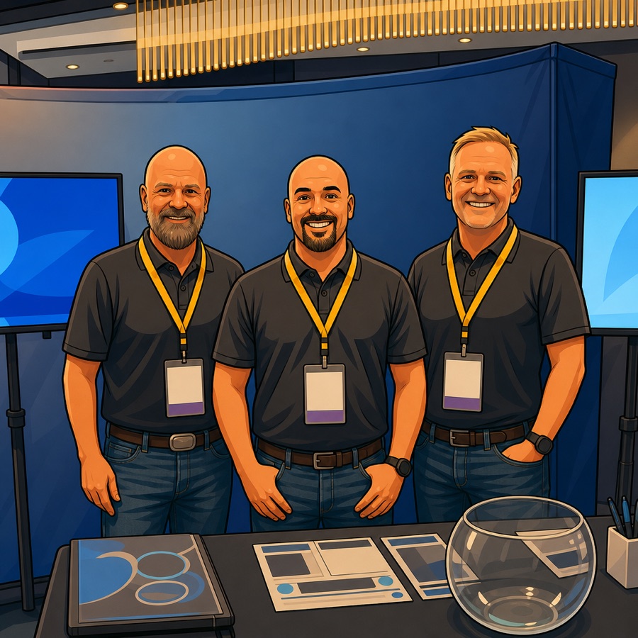 Illustration of TNDM's co-founders, Bill Wilder, Wade Hudson and Justin Cameron, standing together at the TNDM booth at a trade show.