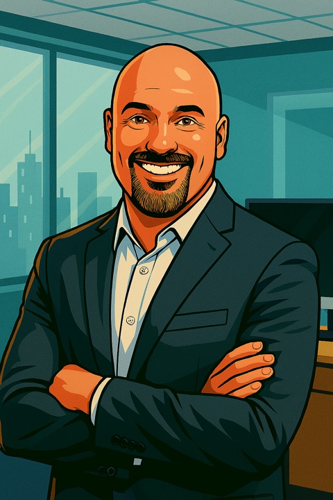 Illustrated portrait of Wade Hudson, arms crossed, in an office with a city view.