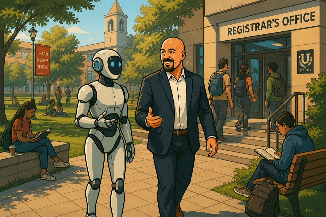 Illustration of Wade Hudson walking across a sunny college campus beside a white humanoid robot, past students heading into the Registrar's Office.