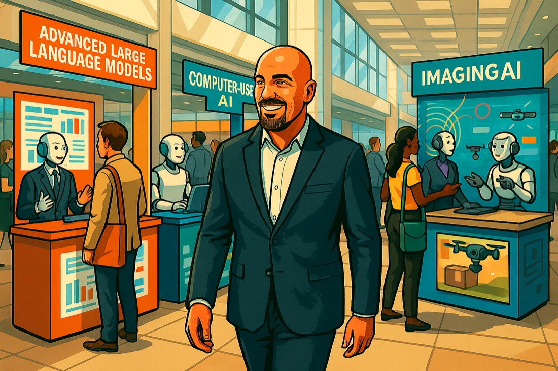 A man walking a tech conference floor past booths demonstrating language and imaging models.