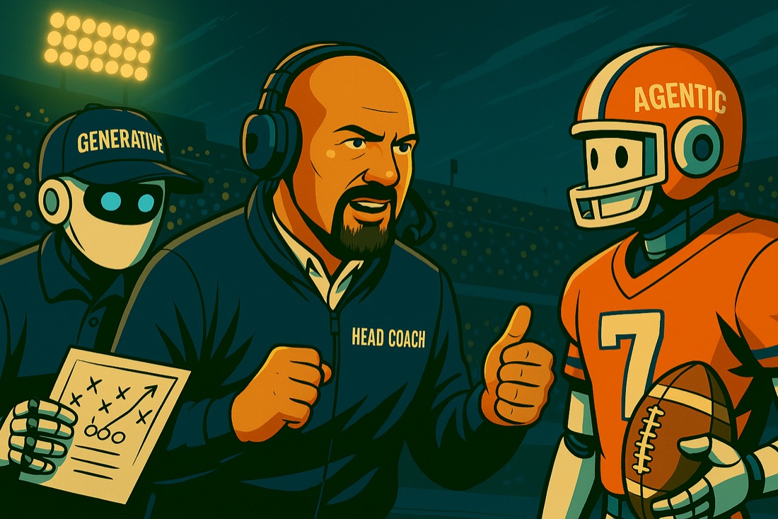 A coach in a headset flanked by two robots — one capped GENERATIVE holding a play diagram, one in an AGENTIC jersey holding a football.