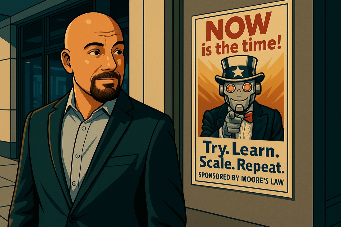 A man beside a recruitment-style poster reading "NOW is the time!" over the words Try, Learn, Scale, Repeat.