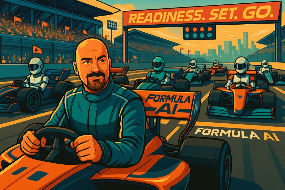 A driver at the wheel of a Formula car, robot drivers in the cars alongside.